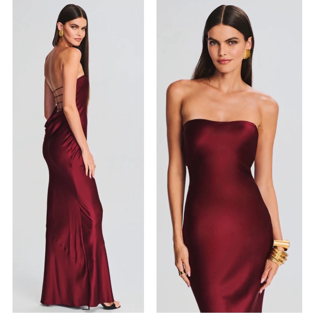 RETROFETE Keaton Strapless Silk Open Strappy Back Cabernet Red Maxi Dress Sz M - Picture 2 of 9